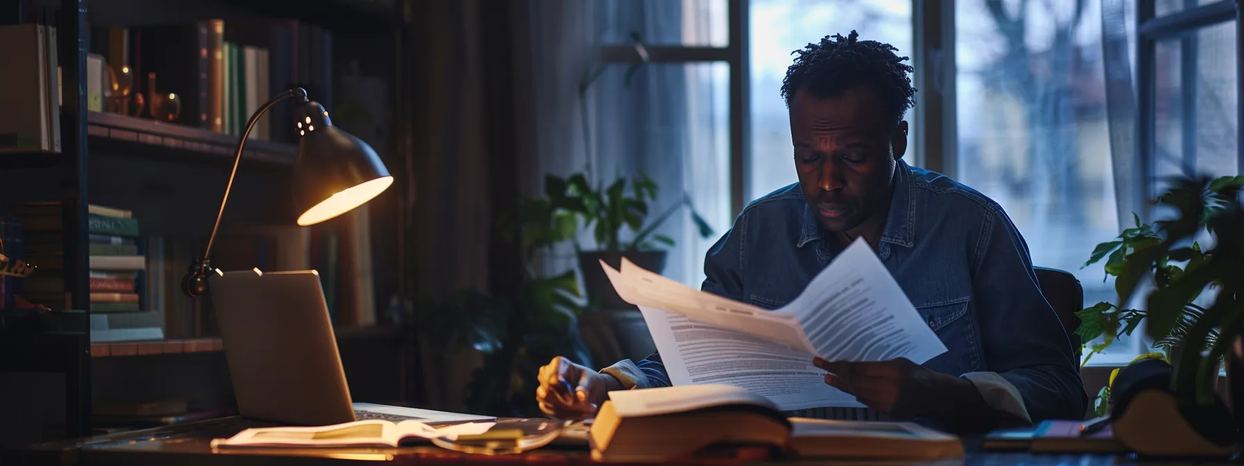 a focused shot of a worried business owner surrounded by paperwork, a legal book, and a laptop displaying an insurance policy, illuminated by soft natural light, conveying the urgency of addressing cheque theft.