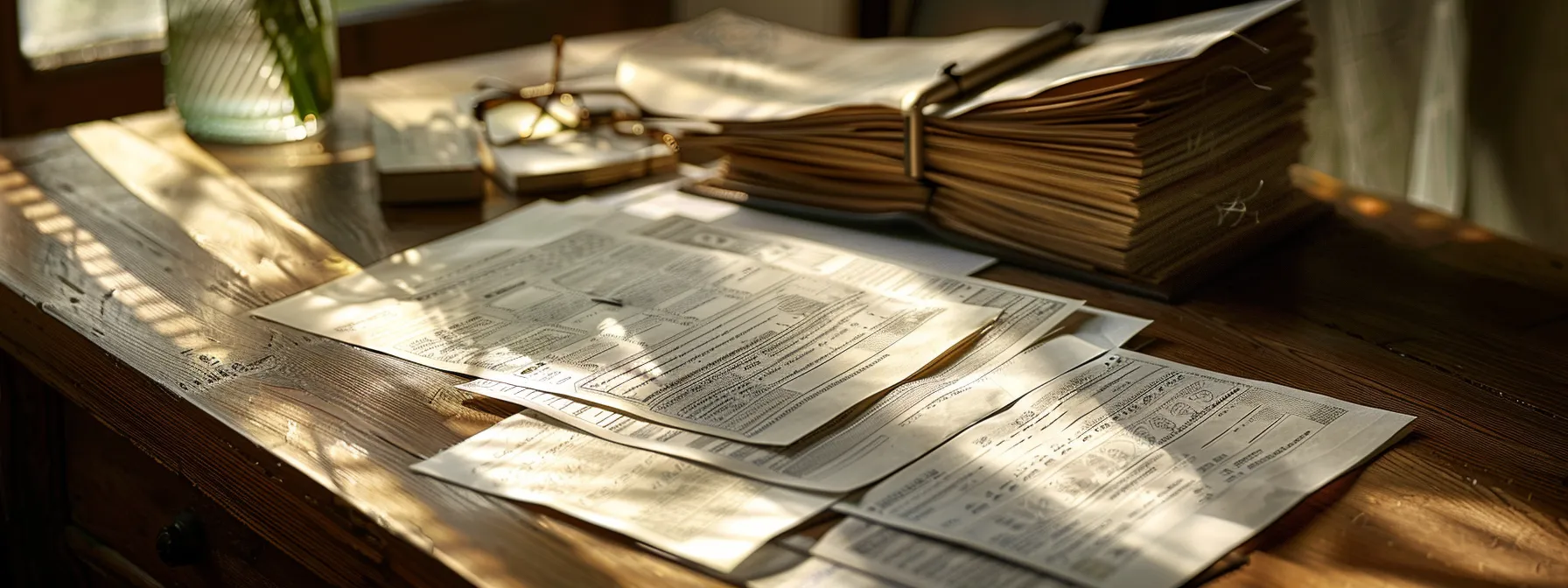 a meticulous arrangement of elegantly designed business and personal cheques lies atop a polished wooden desk, illuminated by soft, natural light, emphasizing their pristine details and sophisticated aesthetics.