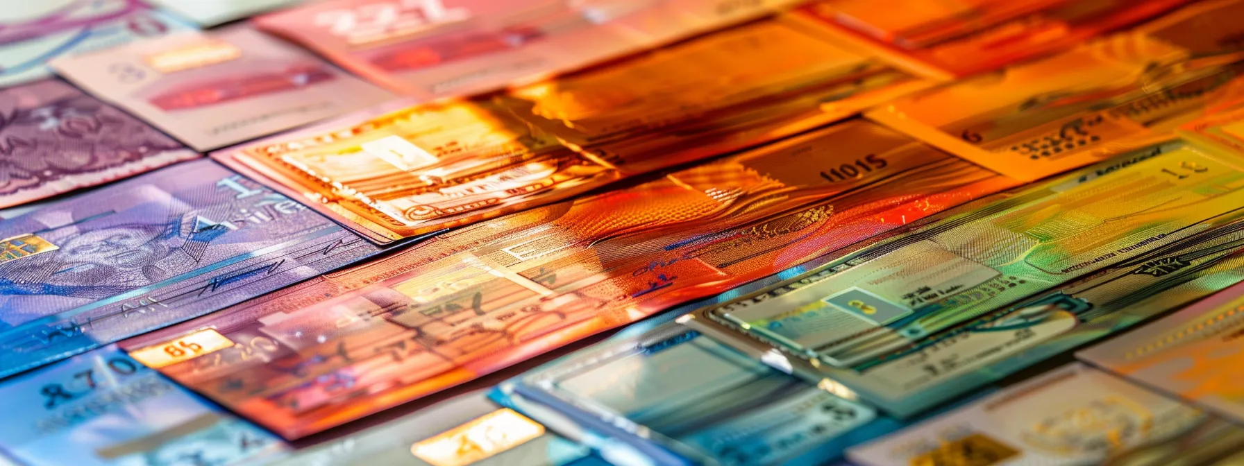 a meticulous display of vibrant business and personal cheques laid out on a smooth, polished surface, highlighting their intricate designs and varying colors under soft, diffused lighting.