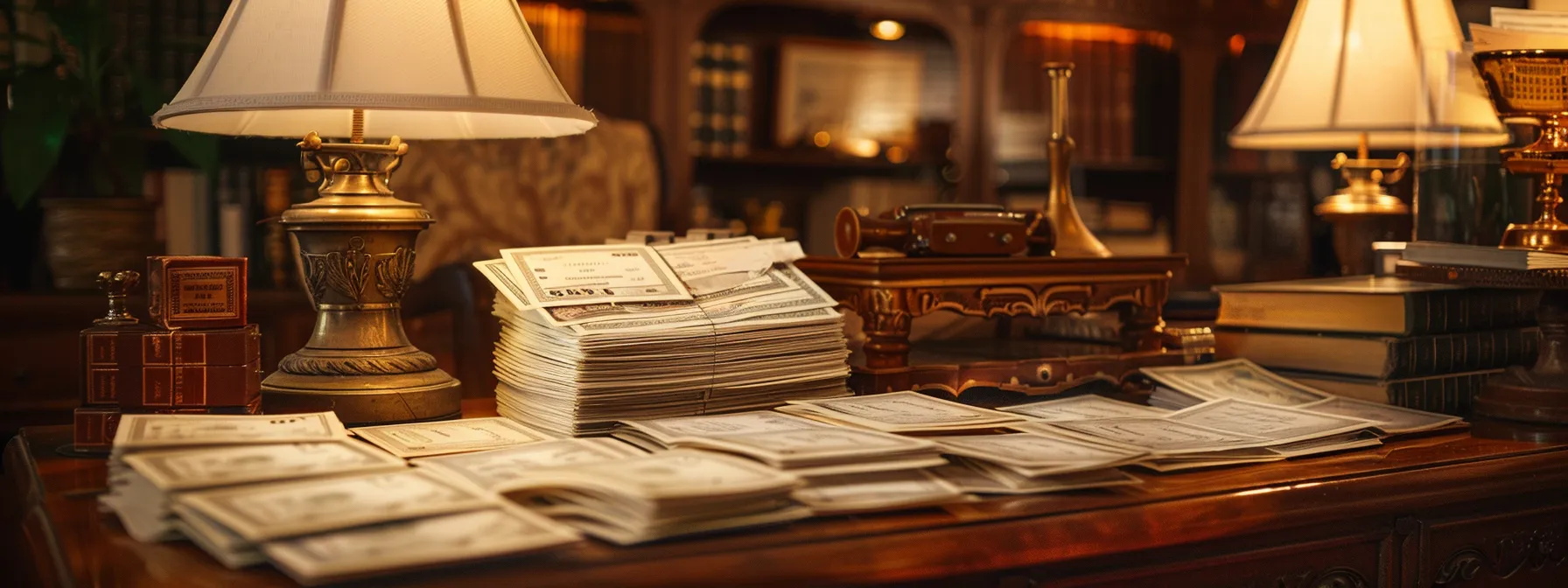 a meticulously arranged collection of elegant business and personal cheques displayed on a rich mahogany desk, softly illuminated by warm, ambient lighting to evoke a sense of professionalism and trust.