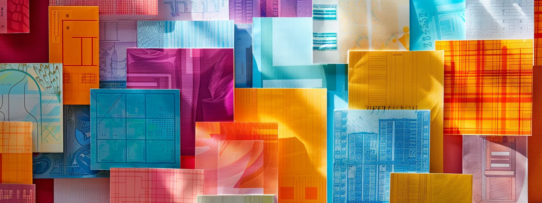 a meticulously arranged collection of vibrant business and personal cheques, showcasing unique designs and colors, displayed against a subtle, elegant backdrop that enhances their intricate details and textures.