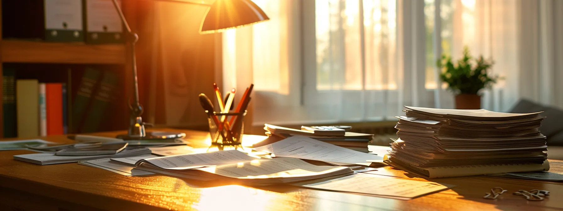 a meticulously arranged collection of vibrant business and personal cheques, showcasing an elegant desk setup bathed in soft, natural light that highlights the textures and colors.