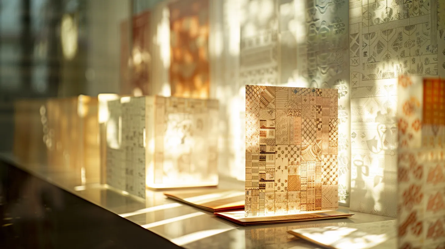 a meticulously arranged display of elegant business and personal cheques, showcasing intricate designs and vibrant patterns under soft, diffused lighting that emphasizes their distinct textures and colors.