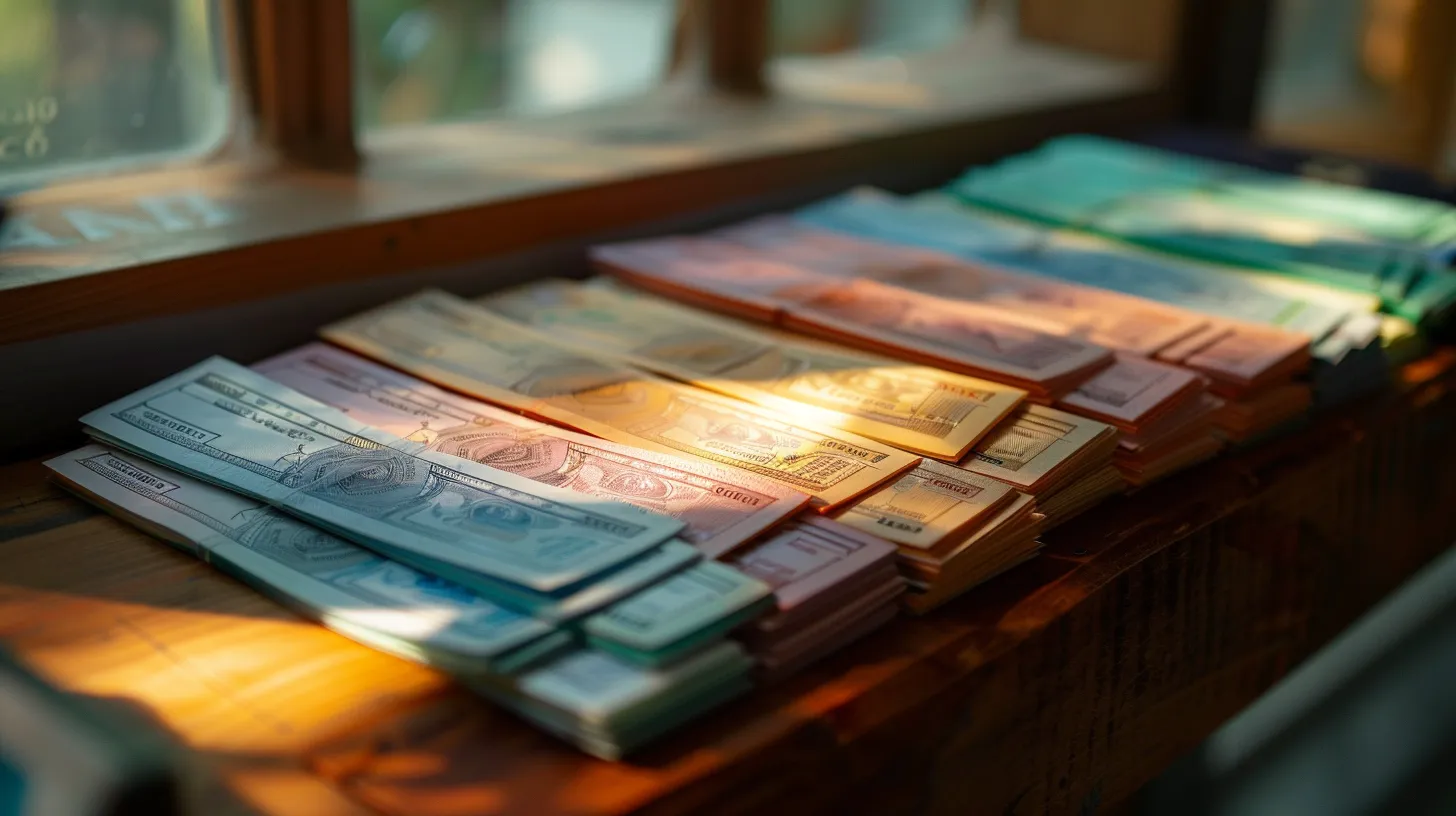 a meticulously arranged display of elegant business and personal cheques, enriched with ornate designs and vibrant colors, set against a softly lit wooden table, exuding a sense of professionalism and sophistication.