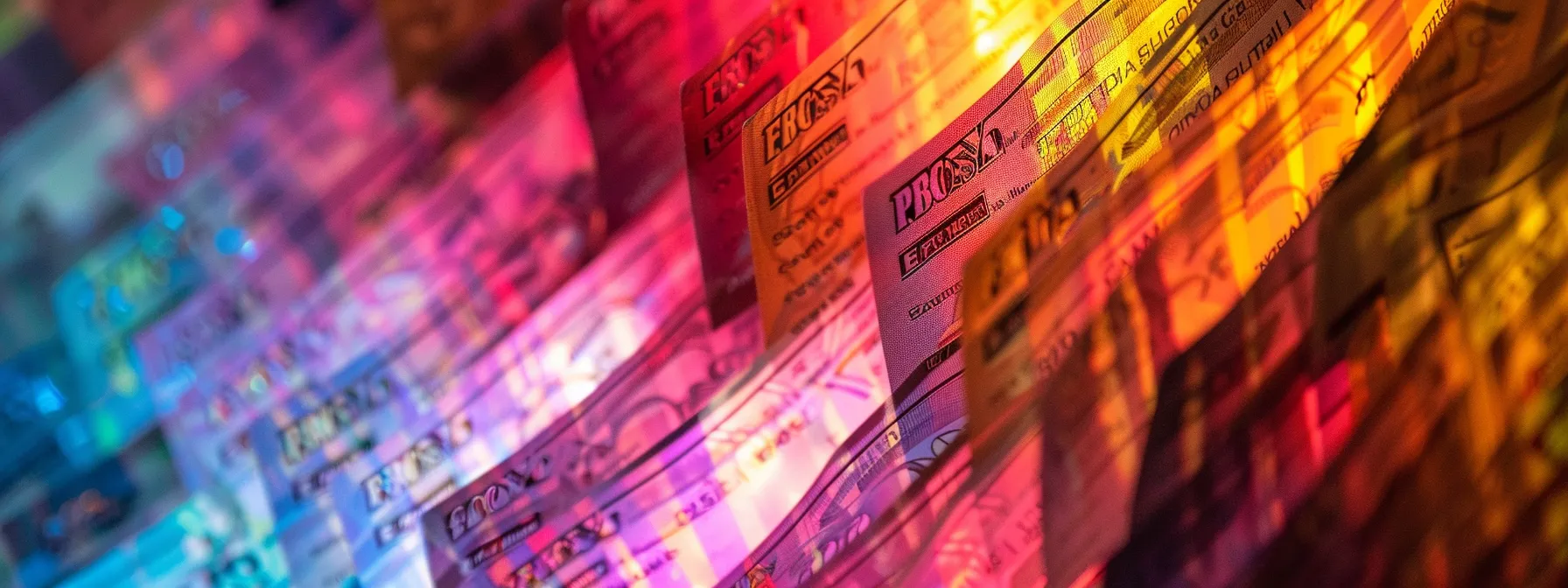 a meticulously arranged display of vibrant business and personal cheques, with a backdrop of soft, diffused lighting that highlights their intricate designs and varied colors.