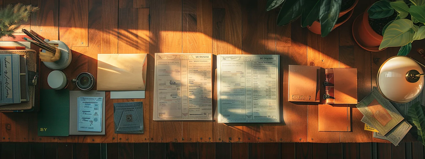 a meticulously arranged flat lay of vibrant business and personal cheques on a polished wooden desk, illuminated by soft natural light, highlighting their intricate designs and textures against a minimalist backdrop.