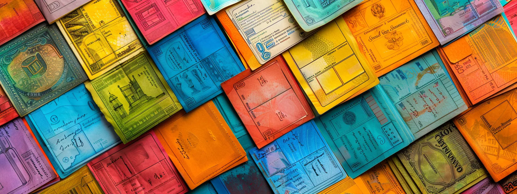 a meticulously arranged flat lay of diverse cheques, featuring vibrant colors and intricate designs, showcases the juxtaposition of business and personal finance, illuminated by soft, natural light that enhances their textures.