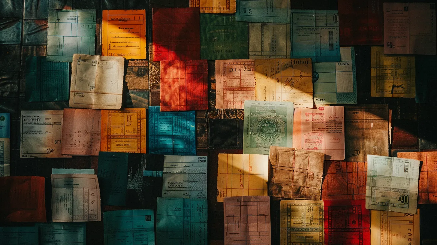 a meticulously arranged flat lay of vibrant business and personal cheques, showcasing intricate designs and textures against a sleek, dark wooden surface, illuminated by soft, natural light that highlights their details.