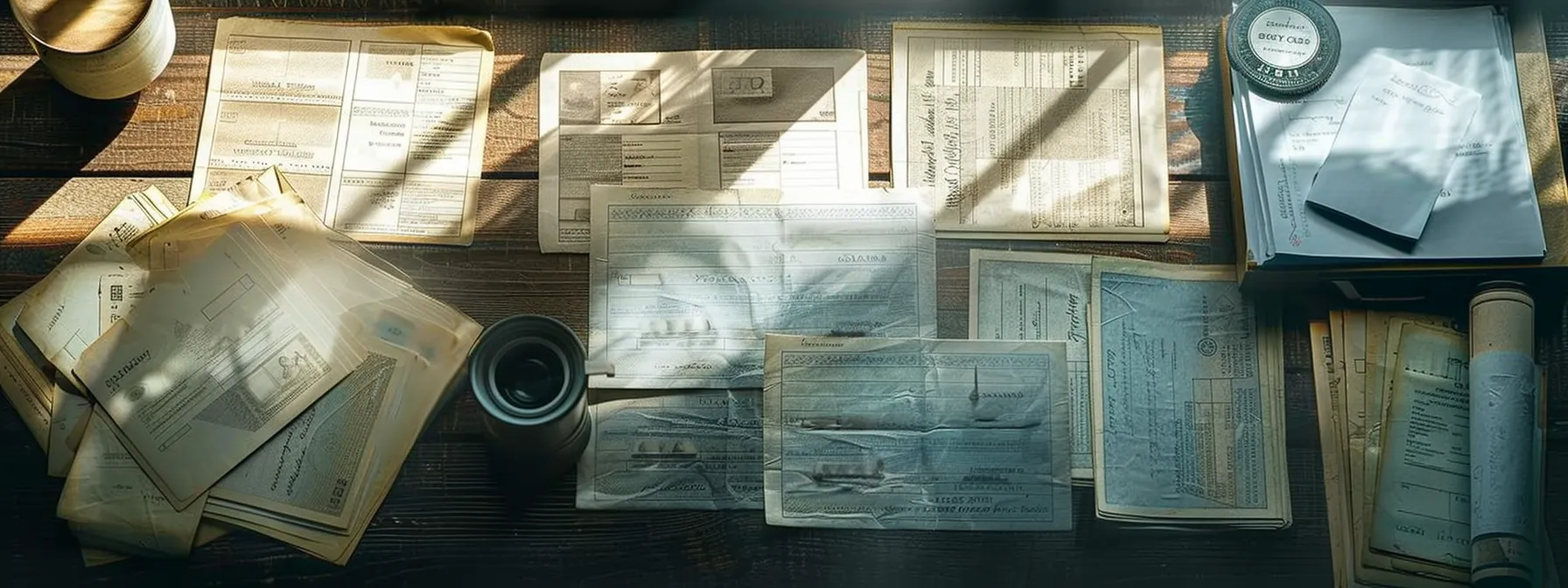 a meticulously arranged flat lay of elegant business and personal cheques, showcasing their intricate designs and textures under soft natural light, emphasizes the theme of financial professionalism and organization.