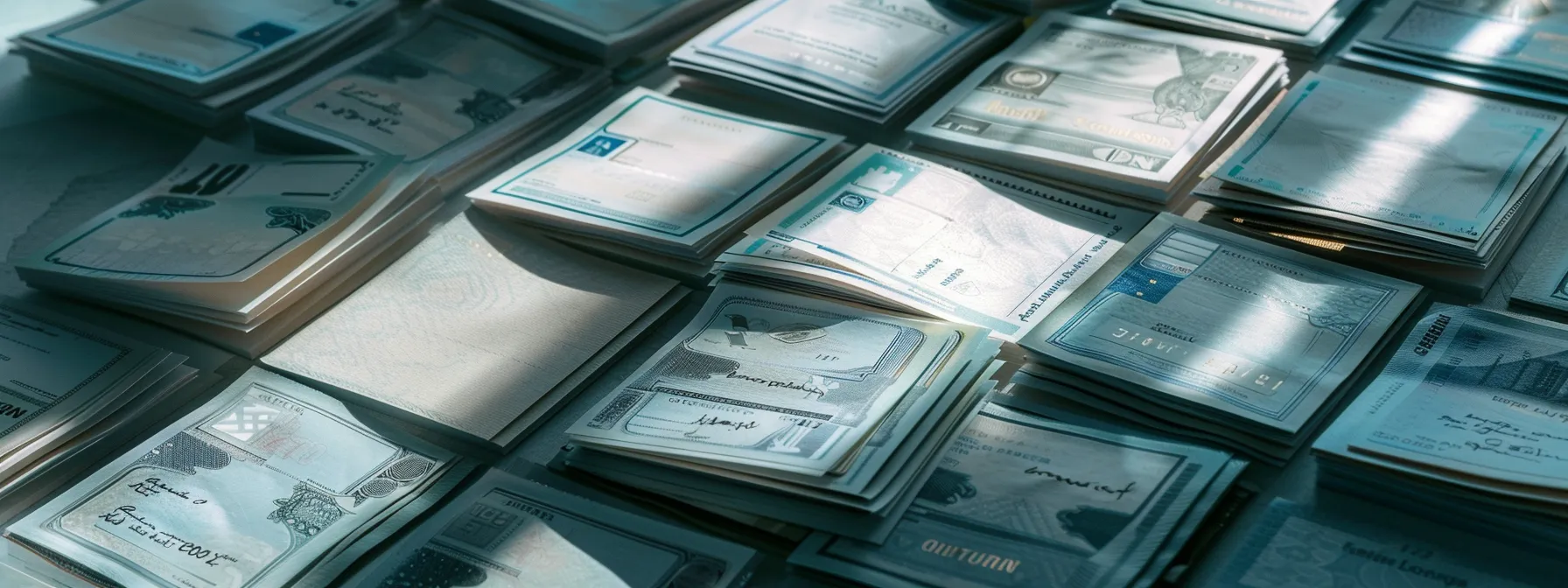 a meticulously arranged flat lay of premium business cheques, showcasing varying sizes and distinct security features, illuminated by soft natural light to emphasize their quality and sophistication.