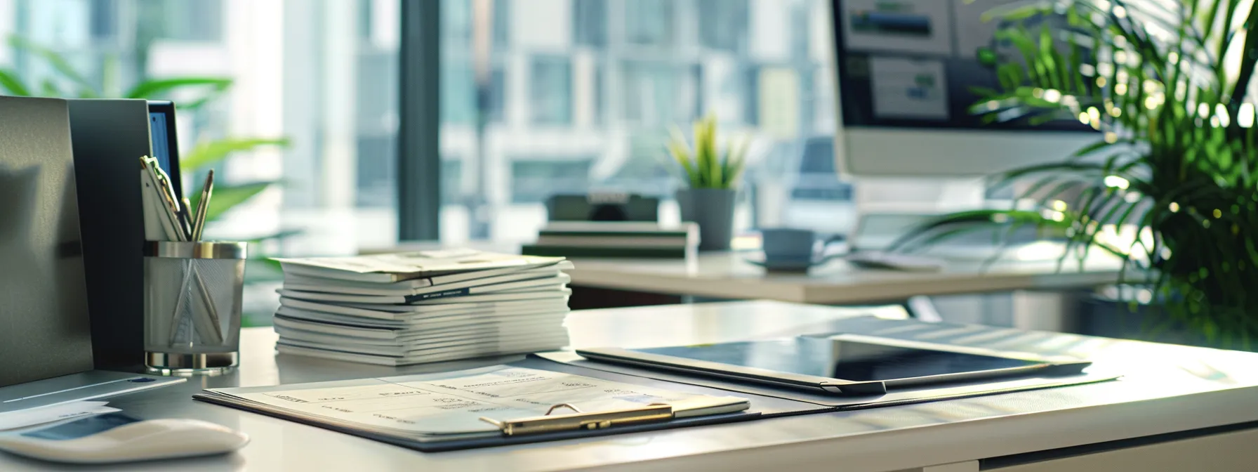 a modern office setting showcases a sleek desk with a stylish stack of customizable business cheques alongside a digital tablet displaying online ordering options, illuminated by natural light streaming through a nearby window.