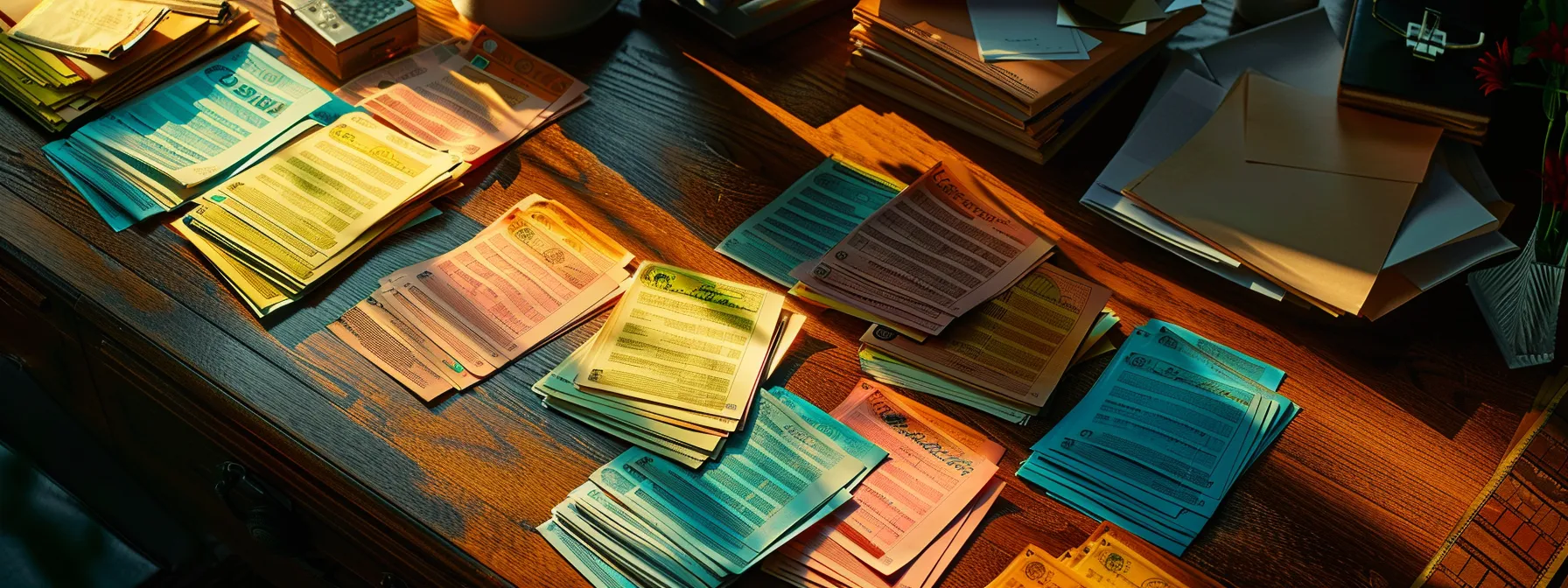 a neatly arranged collection of vibrant cheques sprawls across a polished wooden desk, illuminated by soft, natural light that highlights their intricate designs and textures.
