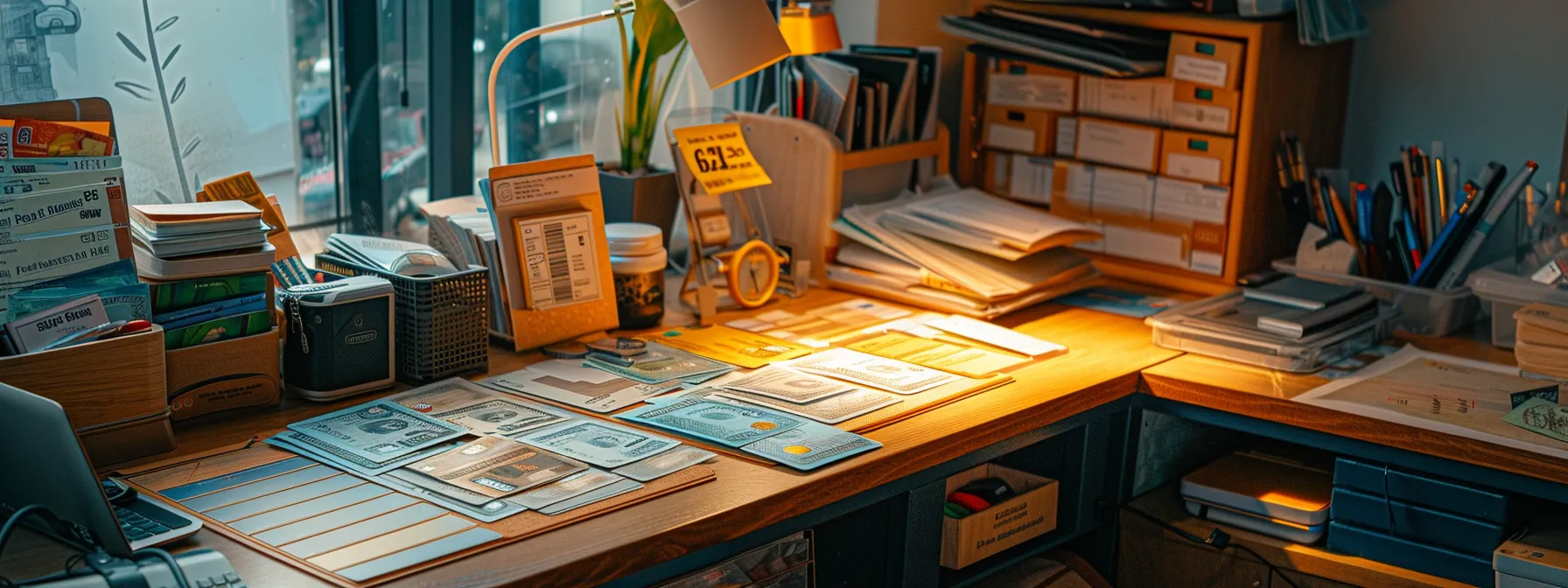 a neatly organized desk displays a variety of payment methods, including business and personal cheques, illuminated by soft natural light, symbolizing the balance between convenience and cost efficiency for small businesses.