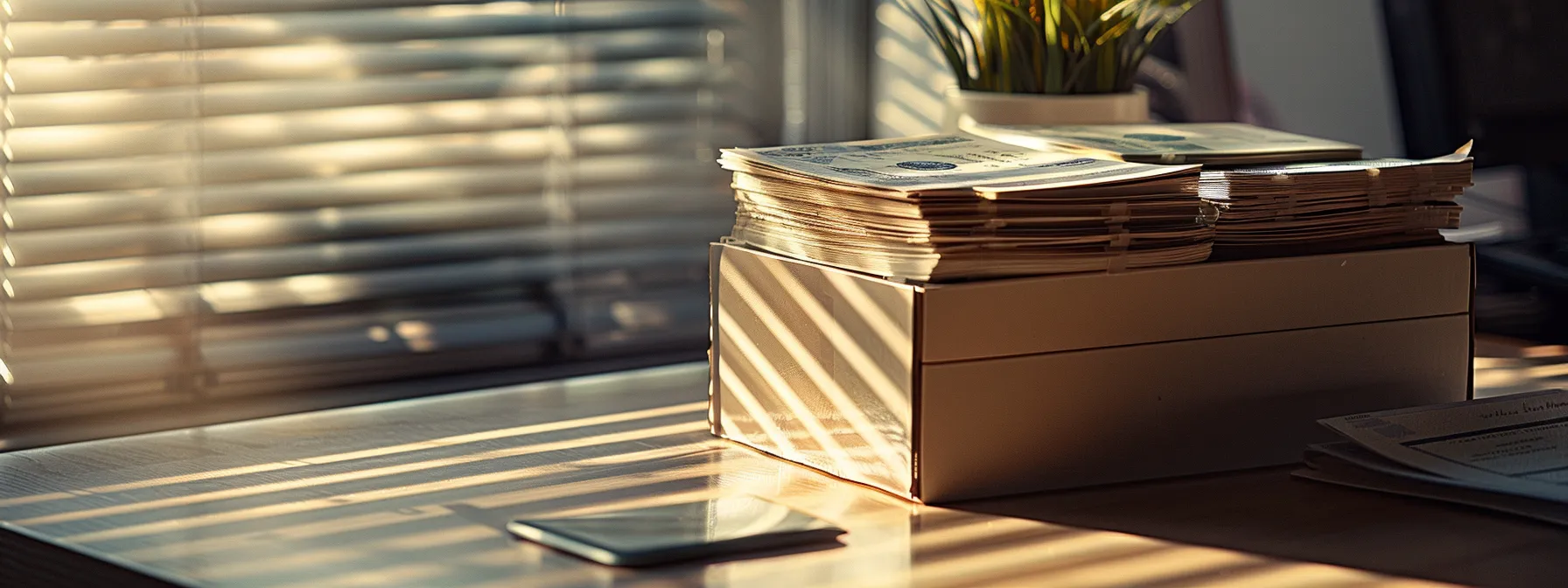 a neatly organized stack of business cheques in a secure, modern storage box sits on a polished desk, illuminated by soft, natural light filtering through a nearby window, emphasizing the importance of financial security and management.