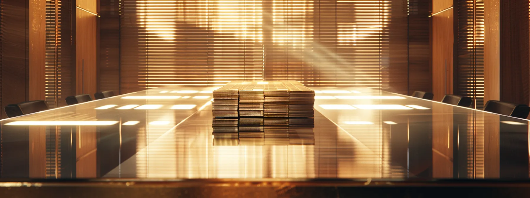 a polished conference room featuring a large, elegantly crafted wooden table adorned with neatly stacked custom business cheques, illuminated by soft, focused lighting that emphasizes the meticulous details and quality control in cheque production.