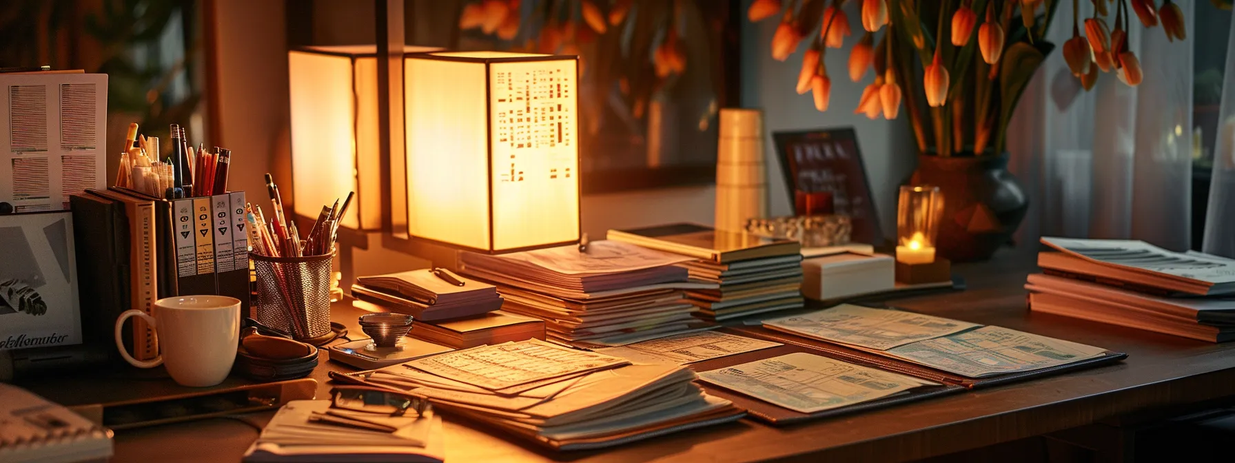 a pristine desk is adorned with a collection of vibrant business and personal cheques, elegantly arranged beneath the warm glow of a nearby lamp, creating an inviting atmosphere of financial organization and professionalism.