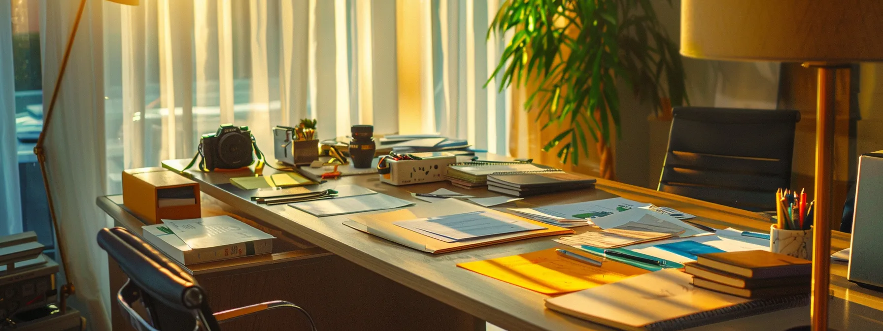 a pristine desk is elegantly adorned with a collection of vibrant business and personal cheques, illuminated by soft natural light filtering through a nearby window, creating a harmonious blend of professionalism and personal touch.