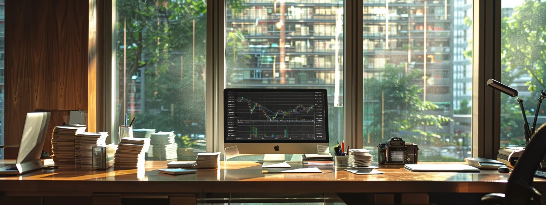 a professional office setting illuminated by natural light, featuring a desk adorned with stacks of cost-effective cheques and a computer displaying financial charts, symbolizing the strategic savings and financial management achieved by modern businesses.