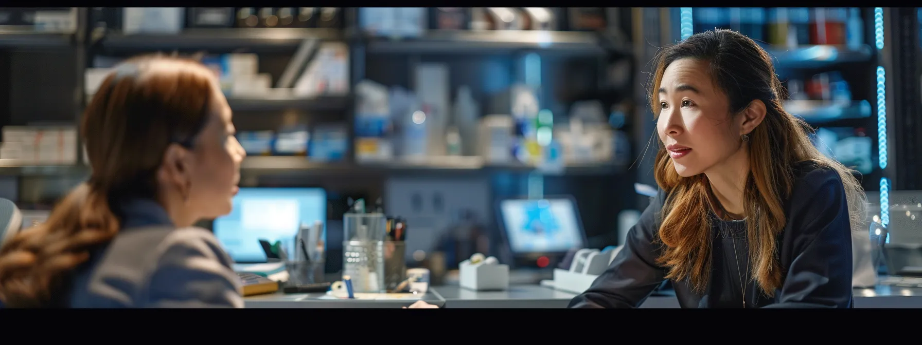 a professional setting showcases a customer support representative engaged in a lively face-to-face discussion with a business client, illuminated by soft lighting, highlighting their focused expressions amid a backdrop of neatly organized office supplies and check samples.