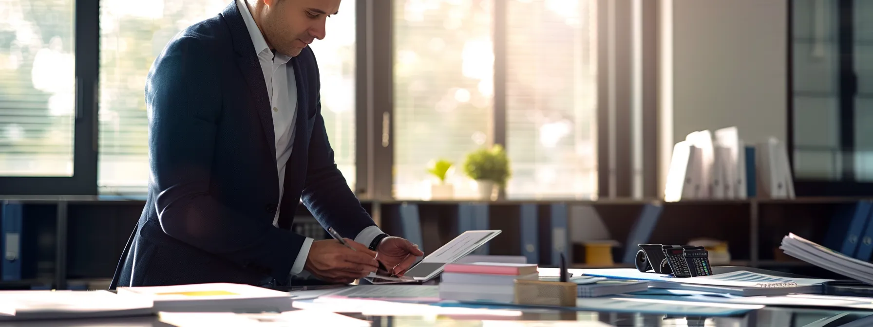 a professional setting showcases a confident businessperson engaged in a face-to-face consultation at a sleek, modern desk, surrounded by neatly arranged business cheques and digital payment tools, emphasizing the clarity and personal touch of in-person ordering.