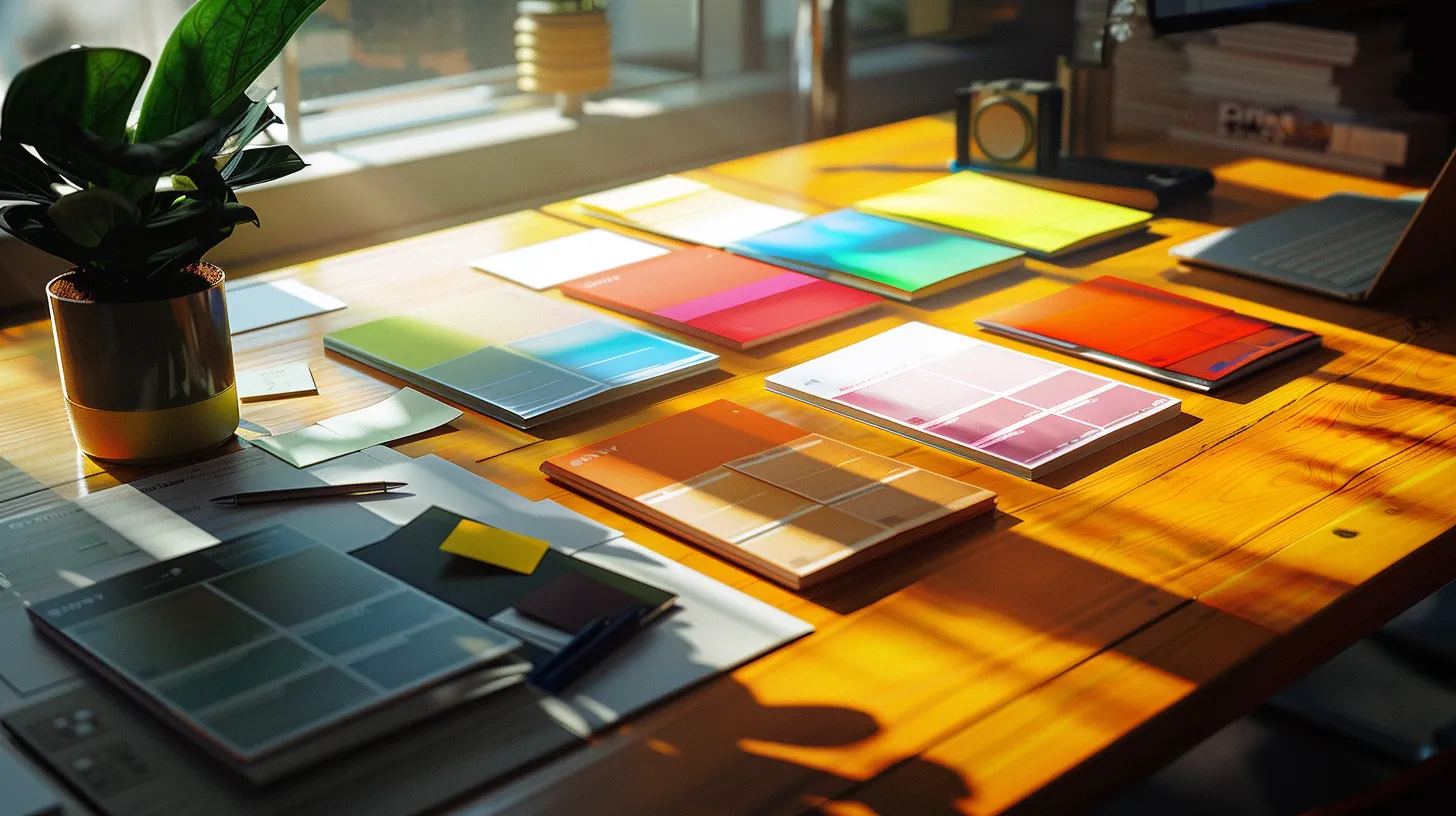 a professional workspace is elegantly arranged, showcasing a variety of business and personal cheques in vibrant colors, illuminated by soft natural light spilling through a nearby window, emphasizing their organized presentation on a sleek wooden desk.