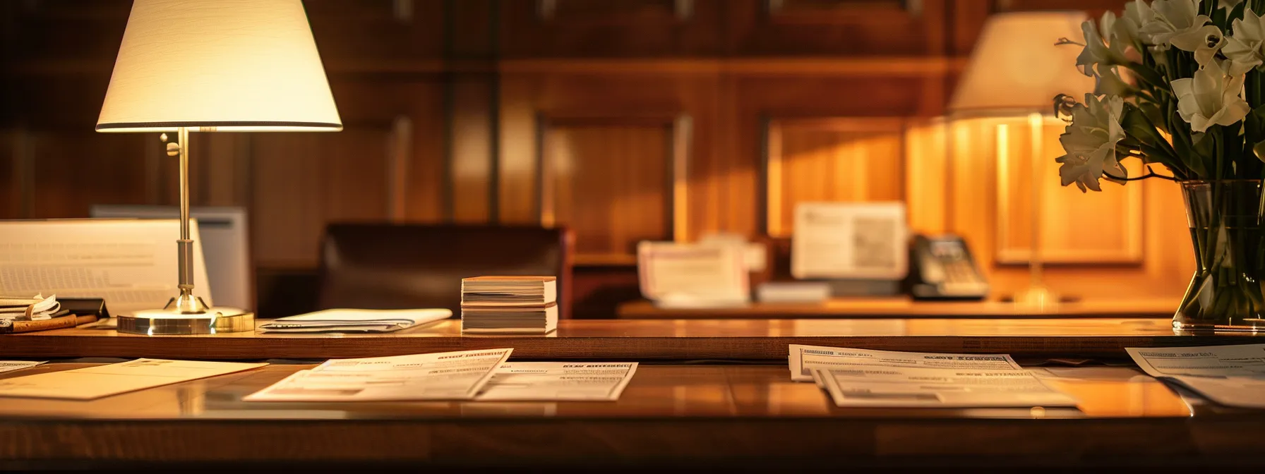 a seamless arrangement of elegant business and personal cheques displayed on a polished wooden desk, illuminated by soft, diffused lighting emphasizing their intricate details and refined designs.