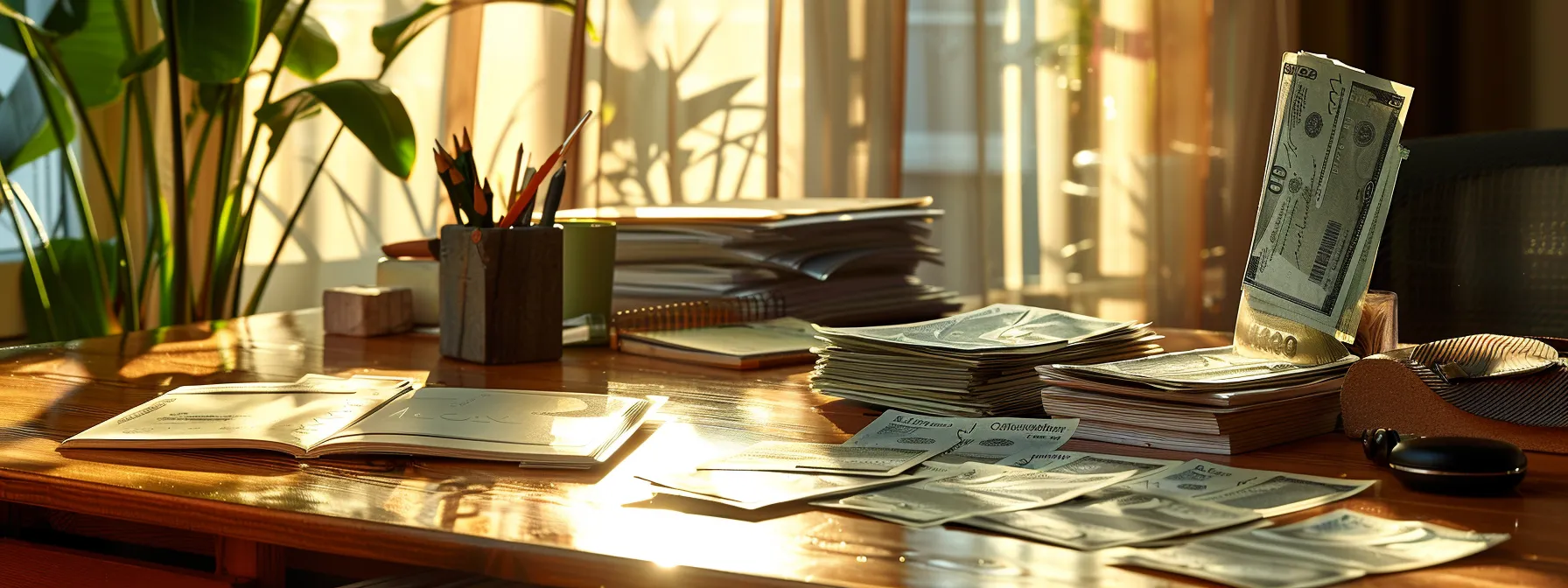 a sleek arrangement of various cheques, including business and personal types, artfully displayed on a polished wooden desk, bathed in warm, natural light cascading through a nearby window.