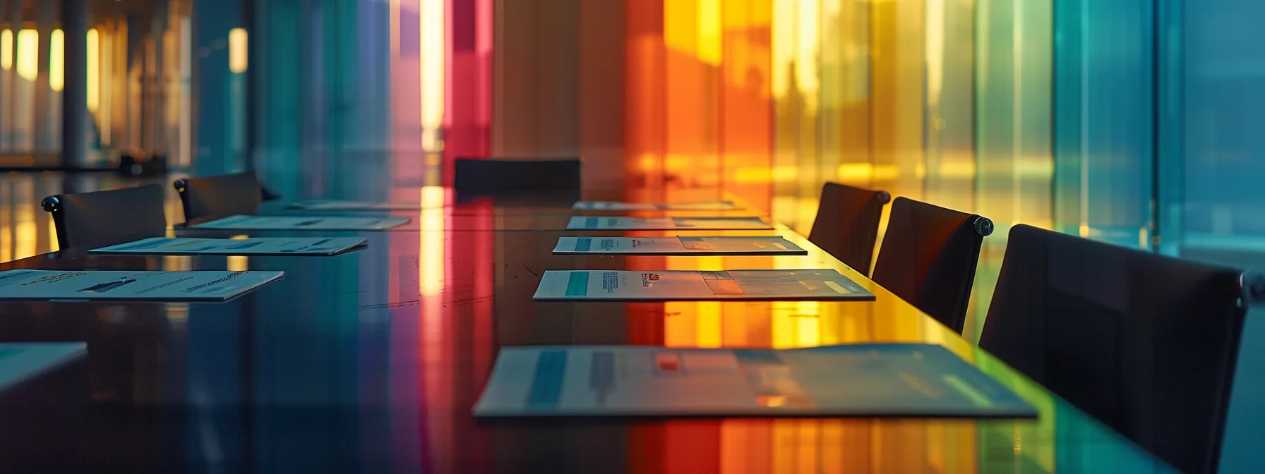a sleek conference room table adorned with a neatly arranged assortment of vibrant business cheques, illuminated by soft natural light filtering through large windows, symbolizing trust and professionalism in financial transactions.