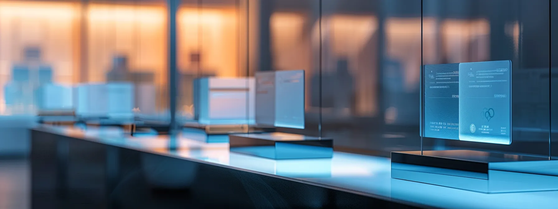 a sleek, illuminated arrangement of custom business cheques showcases intricate security features like holographic elements and specialty paper, symbolizing trust and safeguarding against fraud in a modern financial setting.