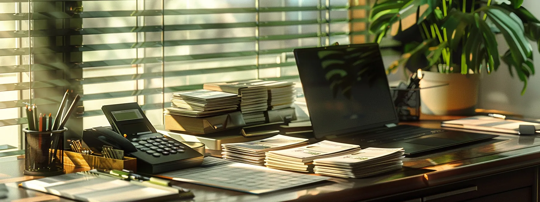 a sleek, modern office desk is adorned with a stack of elegant business cheques, a laptop displaying payment options, and a stylish calculator, all illuminated by soft, natural light filtering through a nearby window.