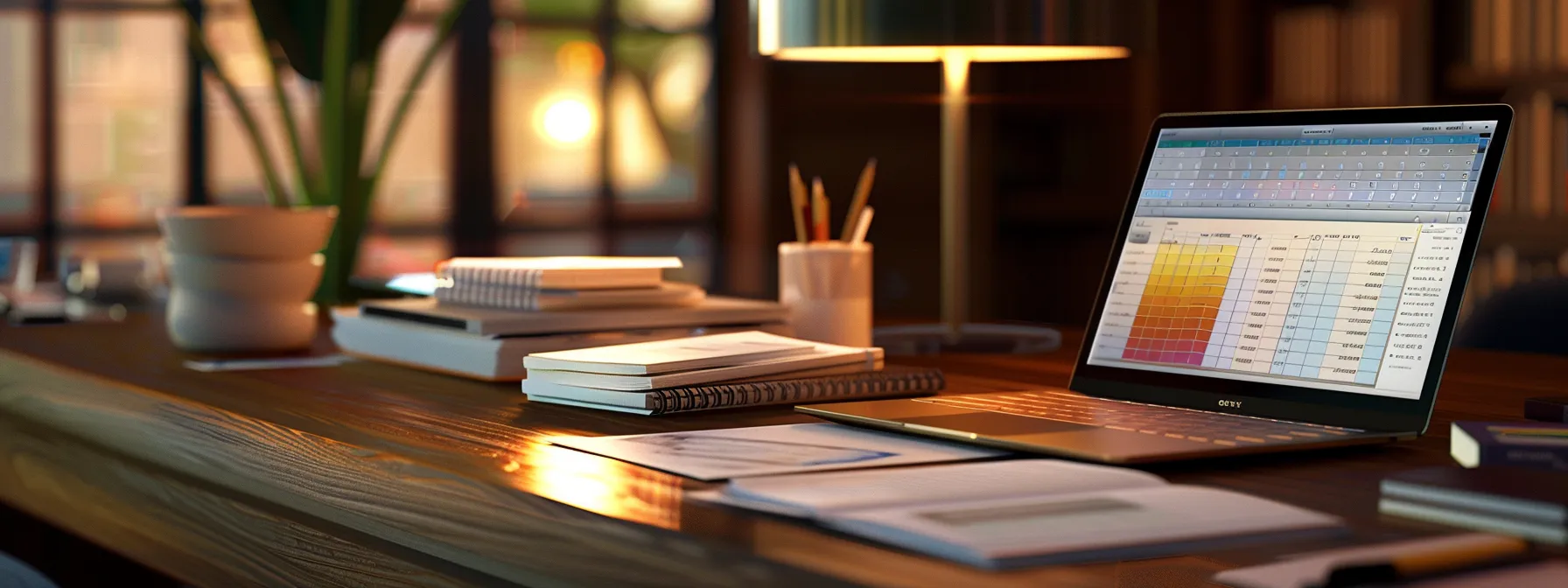 a sleek, modern office desk is illuminated by soft afternoon light, showcasing a neatly organized array of business checks, a laptop displaying order management software, and a vibrant notepad filled with efficient payment strategies, symbolizing streamlined financial processes.