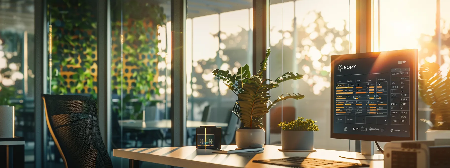 a sleek, modern workspace features a digital interface displaying various payment options for business cheques, illuminated by soft natural light filtering through large windows, highlighting the convenience and security of digital transactions.