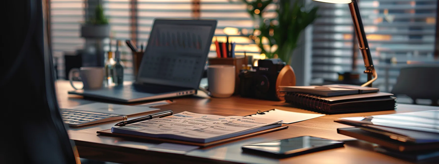 a sleek, organized office desk is illuminated by soft natural light, showcasing a stack of freshly printed custom business cheques alongside a planner and a digital tablet, symbolizing efficiency and streamlined processes in cheque ordering.