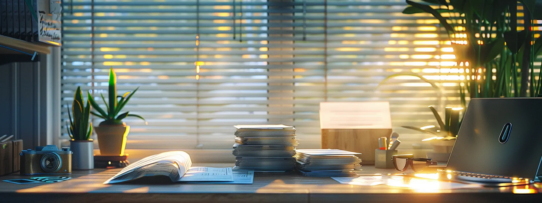 a sleek, professionally arranged workspace featuring a stack of crisp business and personal cheques, illuminated by soft, natural light streaming through a nearby window.