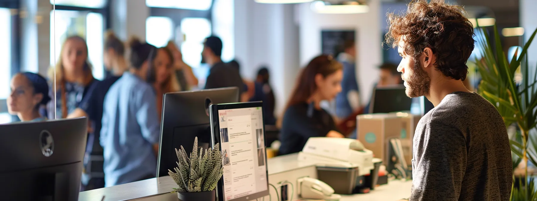 a split-screen image vividly contrasts the hustle of a busy office environment with a queue of frustrated individuals waiting at a counter against a sleek, modern desktop showing a seamless online cheque ordering interface, highlighting the efficiency of digital transactions.