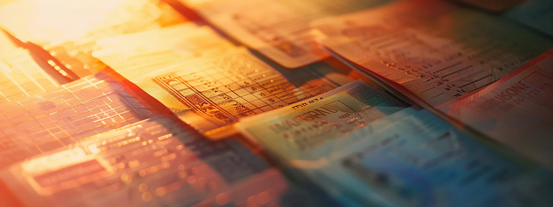 a striking close-up of an array of elegantly designed business and personal cheques laid out against a soft, blurred background, capturing the intricate details of their textures and vibrant colors under warm, diffused lighting.