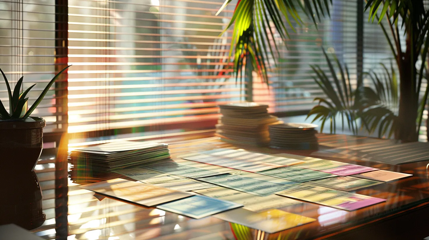 a striking image of an elegant office desk, beautifully adorned with a stack of vibrant business and personal cheques arranged in an artful display, illuminated by soft, natural light streaming through a nearby window.