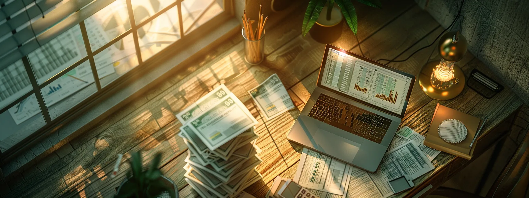 a striking overhead view of a neatly organized workspace featuring stacks of business cheques alongside a laptop displaying graphs and cost analysis, illuminated by soft, natural light streaming through a nearby window.