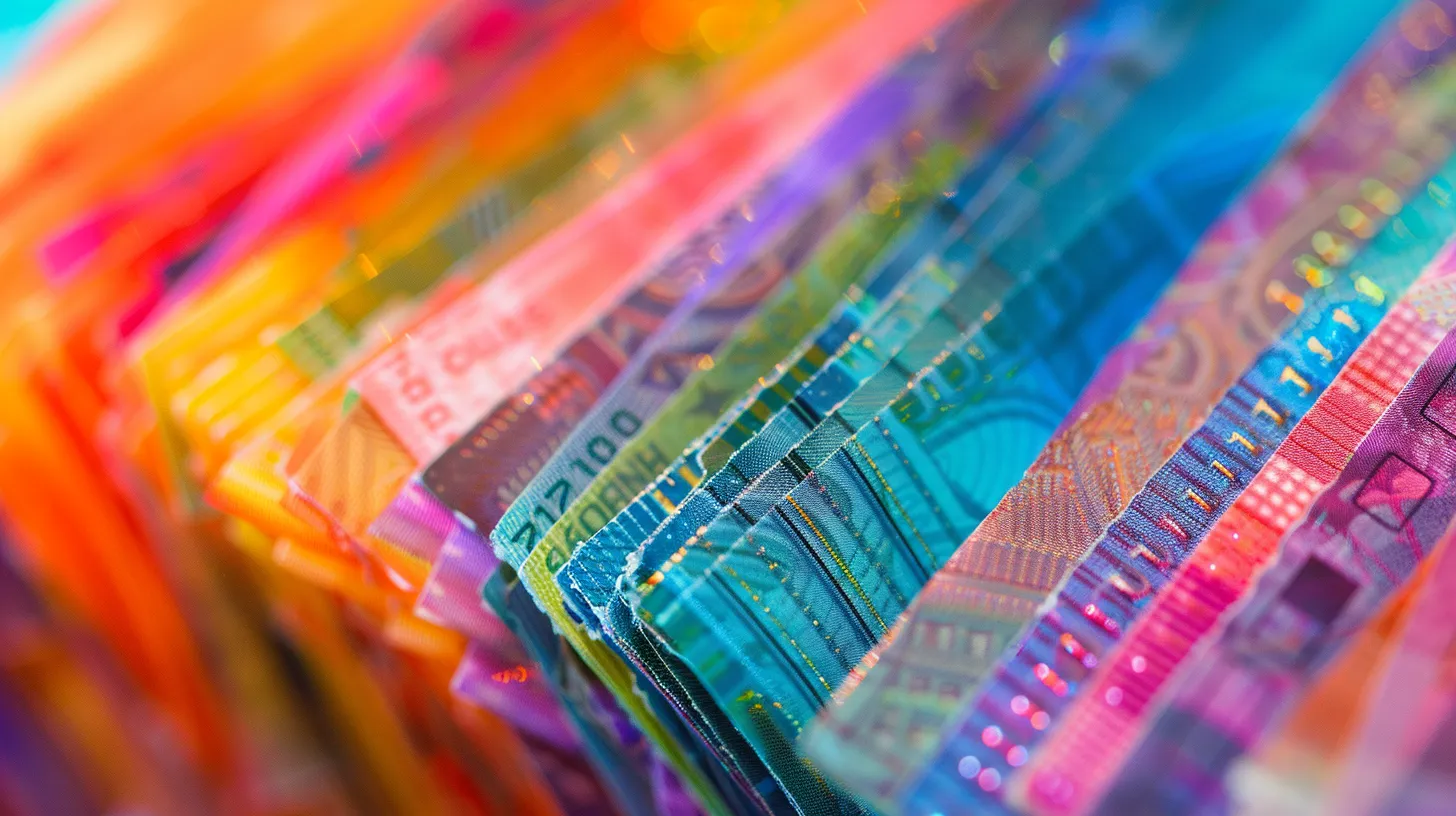 a stunningly vibrant scene captures a close-up view of a neatly stacked array of colorful business and personal cheques, each with intricate designs and vivid colors, set against a softly blurred background that highlights their importance in financial transactions.