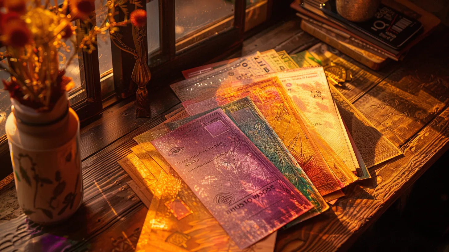 a vibrant arrangement of business and personal cheques, with intricate designs and varying colors laid flat on a polished wooden desk, under soft, warm lighting that highlights their textures and details.