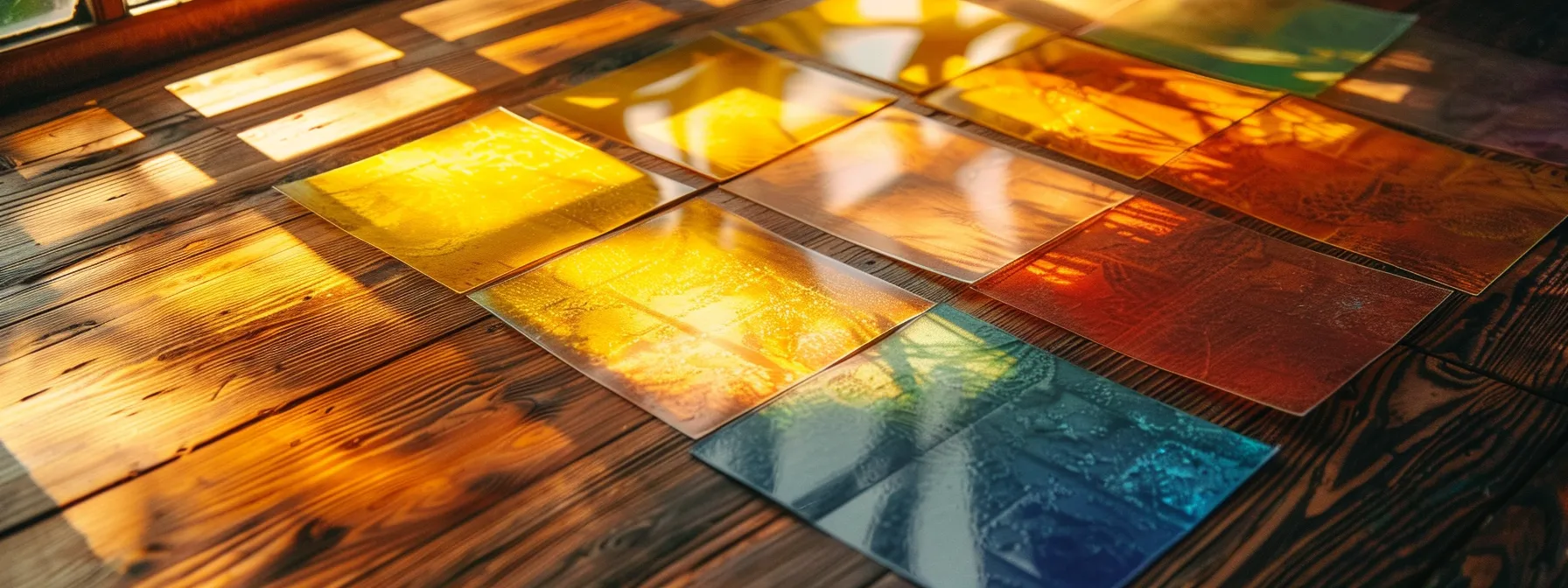 a vibrant array of meticulously arranged cheques, showcasing sleek designs and diverse colors, rests on a polished wooden desk, illuminated by warm, natural light filtering through a nearby window.