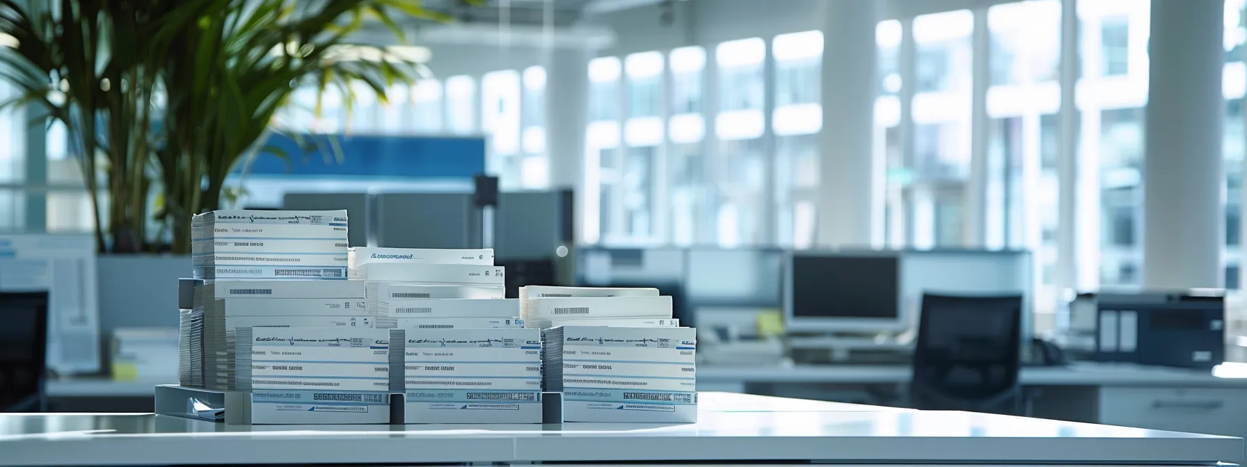 a vibrant business setting showcases an array of personalized business cheques displayed prominently, highlighting various pricing tiers and advanced security features, all set against a backdrop of a sleek modern office environment with soft natural lighting.