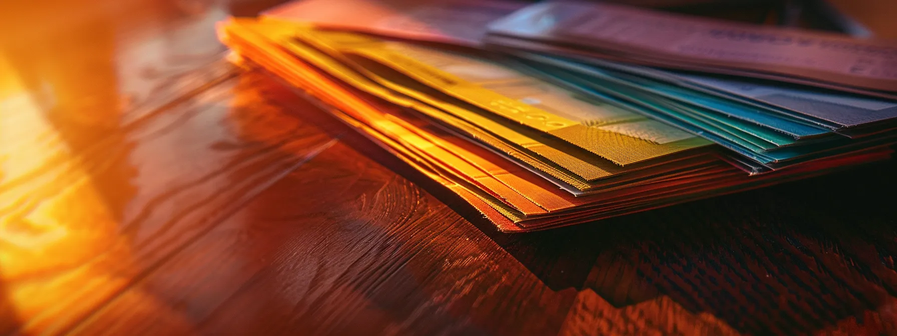 a vibrant, close-up image captures a stack of colorful cheques neatly arranged on a polished wooden desk, with warm ambient lighting enhancing the textures and reflecting the essence of financial transactions.