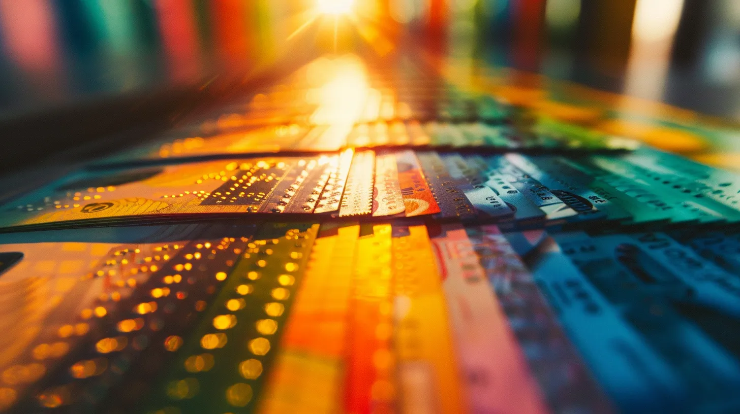 a vibrant close-up of an array of colorful business and personal cheques neatly stacked on a polished wooden desk, illuminated by warm, soft lighting that highlights the intricate designs and textures.