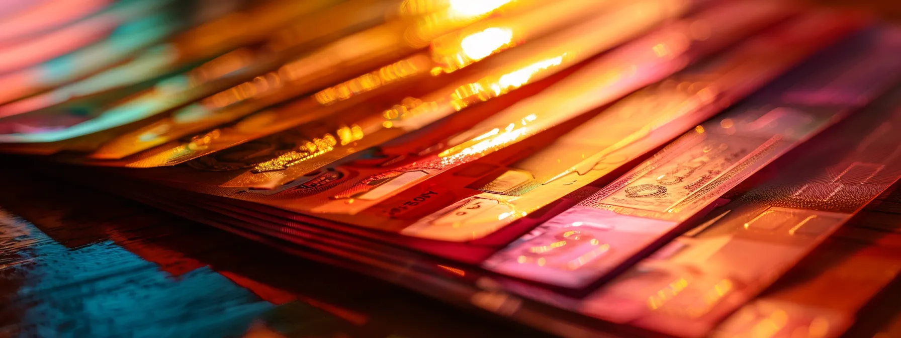 a vibrant close-up of an elegant stack of colorful cheques artfully arranged on a polished wooden desk, illuminated by warm, soft lighting that highlights their intricate designs and textures.