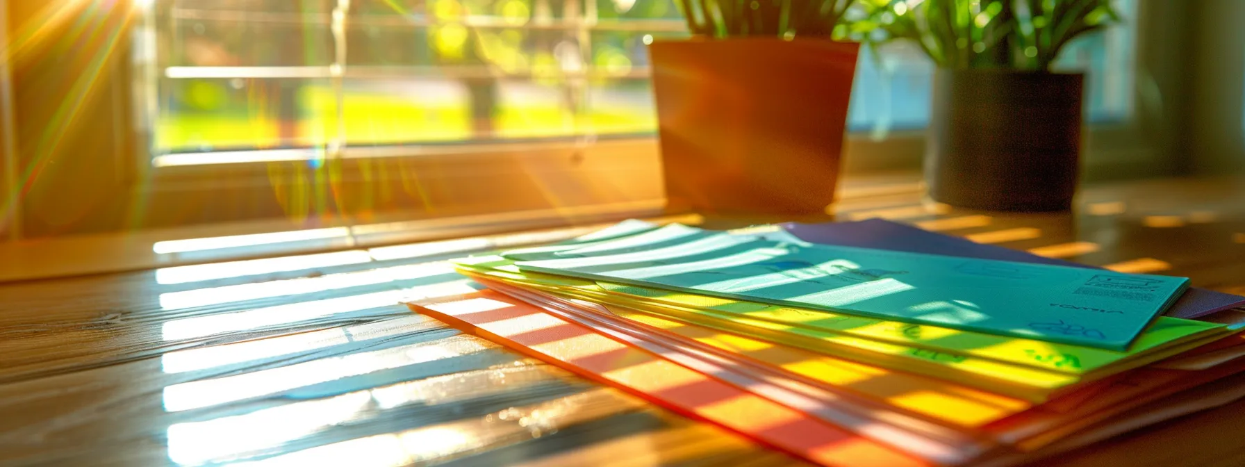 a vibrant close-up of a stack of colorful business and personal cheques, elegantly arranged on a polished wooden desk, illuminated by soft natural light streaming through a nearby window.