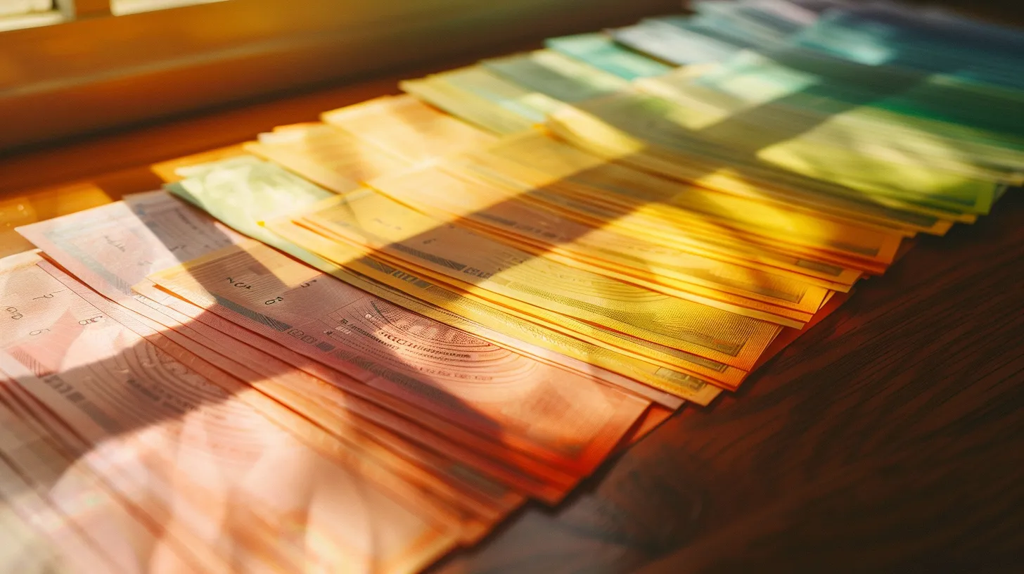a vibrant, close-up shot of an array of colorful business and personal cheques neatly arranged on a polished wooden desk, illuminated by soft, natural light filtering through a nearby window.
