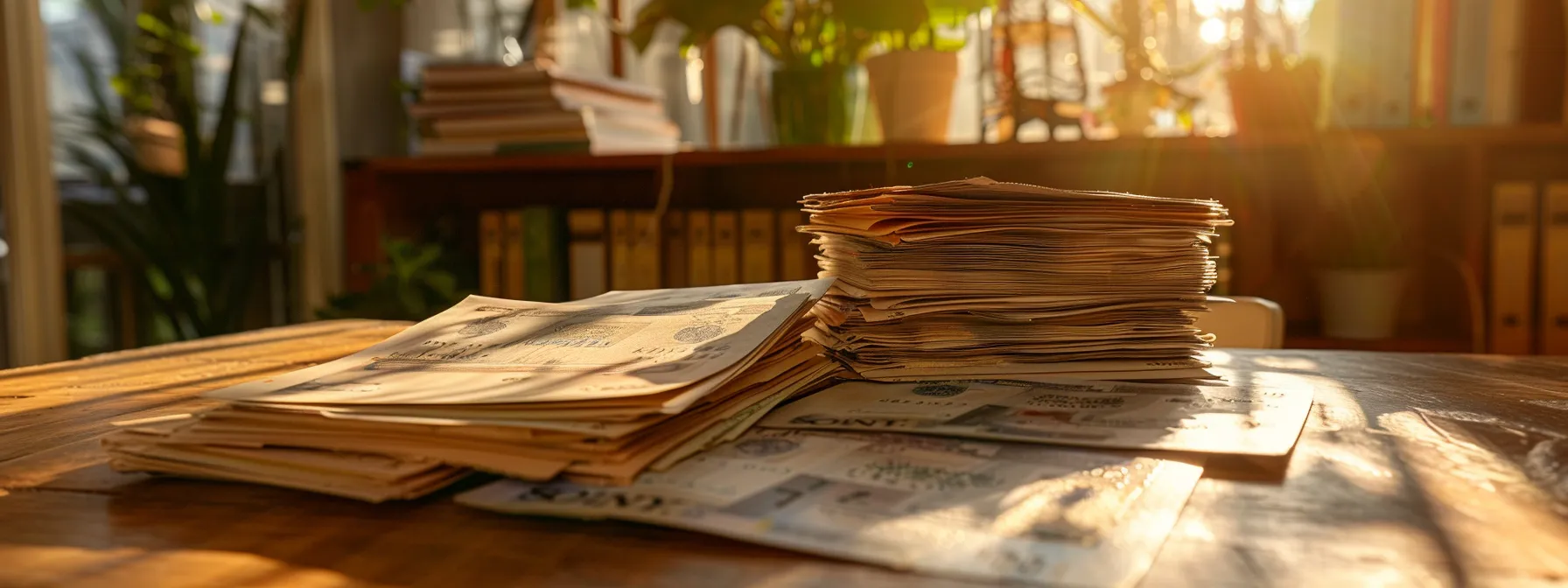 a vibrant composition of an elegantly arranged stack of business and personal cheques in a sunlit office setting, highlighting their varied designs and textures against a polished wooden desk.