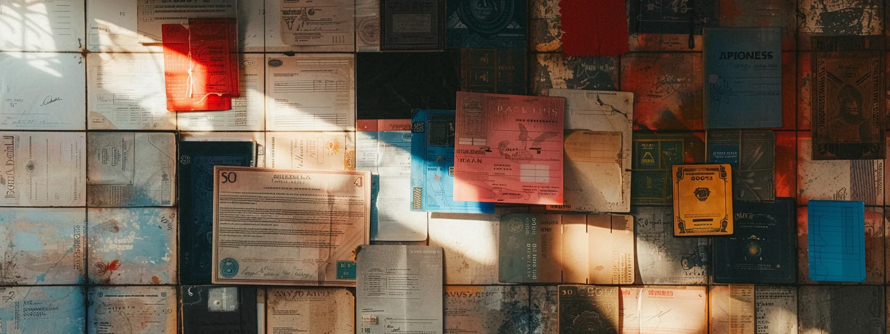 a vibrant, meticulously arranged flat lay of various business and personal cheques, showcasing diverse designs and textures under soft, natural lighting that highlights their intricate details.
