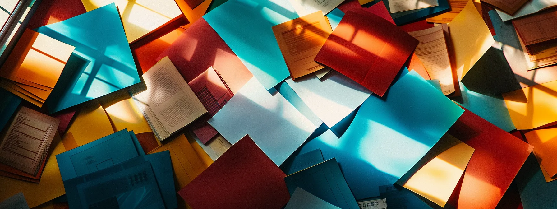 a vibrant, professional workspace showcases a scattered arrangement of diverse cheques in various colors and designs, illuminated by soft, natural light filtering through a nearby window.